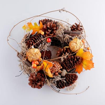 China High Quality Event Decoration Pinecone Christmas Hanging Decoration With Twigs Maple Leaf Garland Fall Wreath For Door for sale