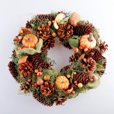 China Hot Direct Factory Sale Pumpkin Beans Burlap Wreath Artificial Pine Cones Orange Thanksgiving Wreaths for sale