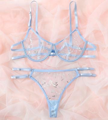 China Hot pump sky blue mesh with leaves embroidered plus size lingerie set 2021 with g-string for sale