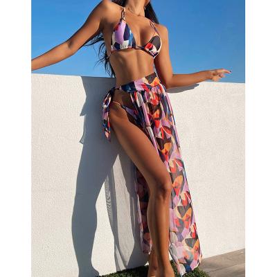 China 2021 Breathable Printed 3 Piece Bikini Designer Women With Bikini Cover Up Long Dress Set for sale