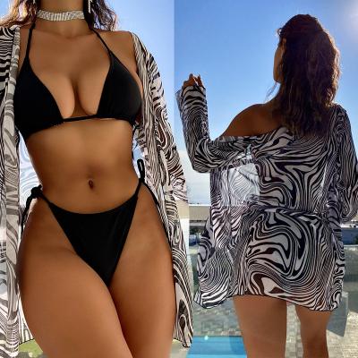 China 3pack Breathable Water Ripple Print Mesh Kimo With Black Triangle Thong Bikini Set Inside for sale