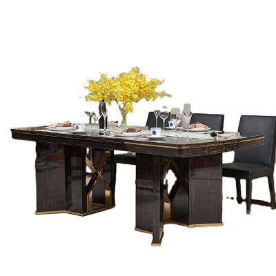 China Natural Rectangular European Style Ebony Wood Veneer Stainless Steel Low Dining Table for sale