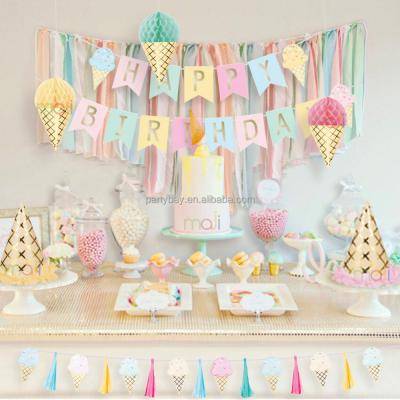 China New Design Durable Pink Kid Ice Cream Theme Party Decorations Party Supplies, Banner And Tissue Ball for sale