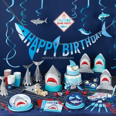 China Durable Cartoon Shark Decorations Kids Party Birthday Tableware Decorations Supplies Set for sale