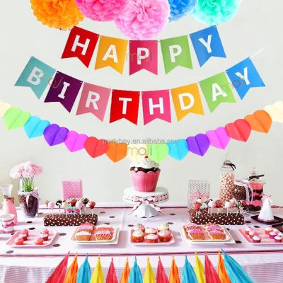 China Durable Birthday Party Pom Poms Happy Birthday Party Banner Rainbow Paper Bunting Garland For Birthday Party Decorations for sale