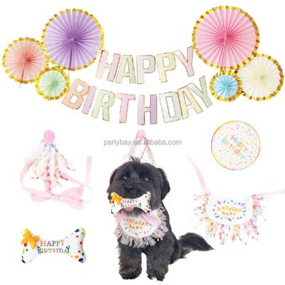 China Wholesale Durable Pet Birthday Pull Flag Lace Saliva Napkin Hat Dinner Dish Set for sale