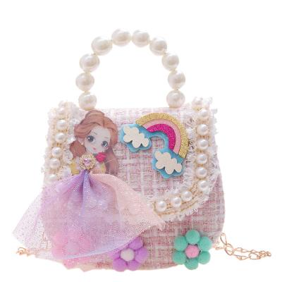 China 2022 Girl's Style Elegant Children's Cross - Body Bag Pearl Bow Flower Purse Child Lady Cartoon Chain Bag New Princess Small Handbags for sale