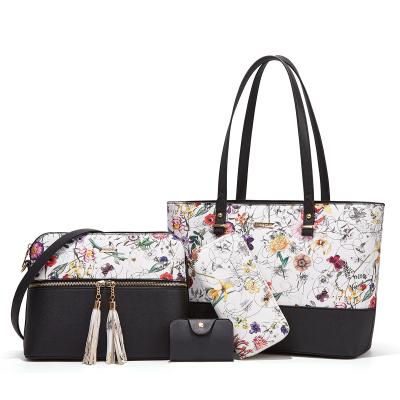 China Wholesale Fashion Ladies Flower Pattern Purses And Handbag Sets With 4 Pieces For Women for sale