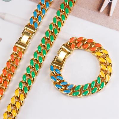 China Europe and America Miami Gold Mixed Color Link Chain Cuban Necklace and Bracelet Jewelry Set for Men and Women for sale