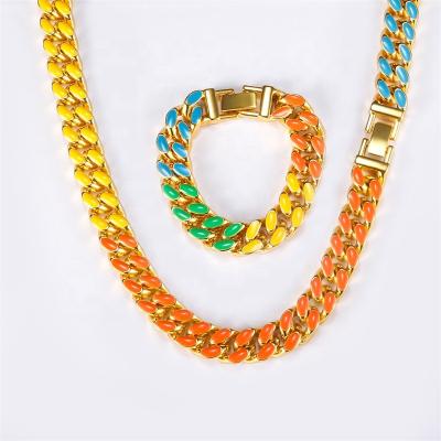 China Europe and America Miami Gold Mixed Color Link Chain Cuban Necklace and Bracelet Jewelry Set for Men and Women for sale