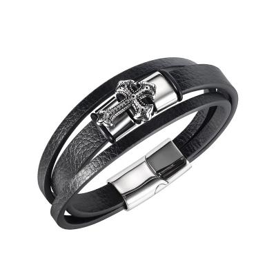 China New 10mm neo-gothic inspired mult layer bracelet with magnetic clasp classic cross leather bracelet for men for sale