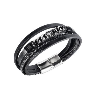 China TRENDY Multi Layer Black Charms Chain Stainless Steel Leather Strap With Magnetic Buckle For Men for sale