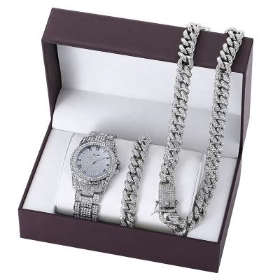 China Hiphop Full Hip Hop Diamond 3pcs Set Gift For Men And Women Watch Necklace And Bracelet Set Jewelry for sale