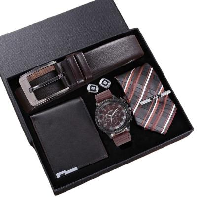 China 5pcs/set business boutique gift set for business men's belt+wallet+link+big watch+dial quartz cufflinks for sale