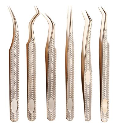 China Straight Curved Volume Wick Eyelash Tweezers Anti-Slip Non-Slip Extension Tweezers Sets Gold Color for sale