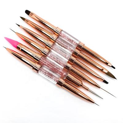 China Kolinsky Nail Art Liner Brushes 2021 Good Quality Acrylic Synthetic Nail Brush Dual Rose Gold Metal Handle 3D Finished Nail Art Brush Set Te koop