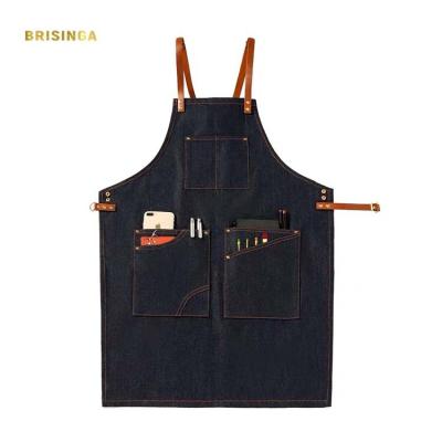 China Custom Blue Beverage/Food Manufacturer Salon Apron Cape Apron Denim Waiter Denim Waiter Apron With Leather Straps for sale