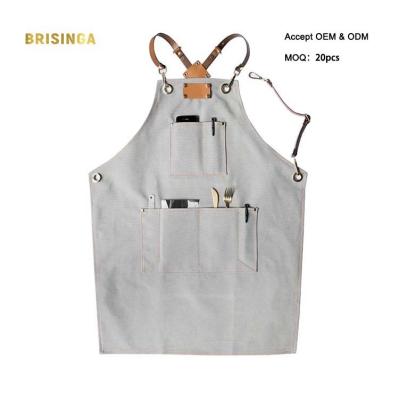 China Drink / Food Gray Canvas Aprons For Haircut Cafe Adjustable Apron With Leather Straps for sale