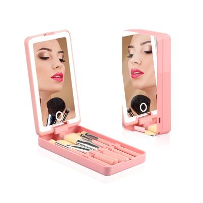 China 360-degree Rotation New Professional Custom Logo Mirror Box Cosmetic Set Face Natural Hair Pink Brushes Makeup Brush Mirror Set with LED Lights for sale