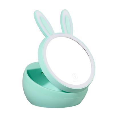 China Wholesale Foldable Rabbit Shape USB Tri Tone Light Storaged Light Table Storaged Makeup Portable Led Mirror Cute Filling Portable Mirror for sale