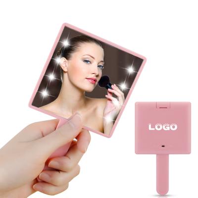 China Led Mirror With Handle Pink Free Shipping Custom Logo Private Label Makeup Mirror Hand Held Hand Mirror Wholesale Beauty Vanity Sets With Led Lights for sale