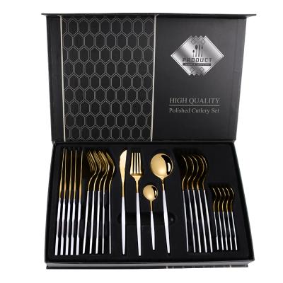 China Viable Viable Flatware 24pcs Set Restaurant Forks Spoon Cuviertos Stainless Steel Black Metal Spoon Silverware for sale