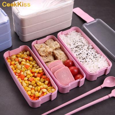 China 3 Layer Food Container 100% Sustainable Material Food Grade Wheat Straw Lunch Box With Spoon And Fork for sale