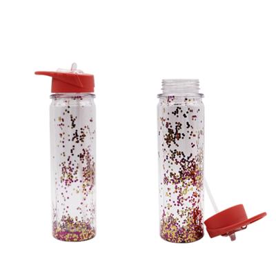 China Sustainable Pink Glitter Dust Unique Double Walled Plastic Mineral Transparent Water Bottle With Straw for sale