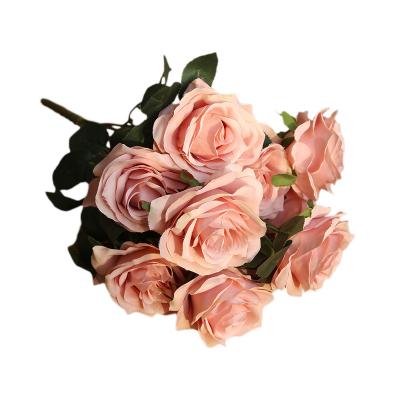 China Fabric Artificial Rose Flower One Bouquet Include Ten Rose Heads Decorations Very High-grade Wedding Flowers for sale