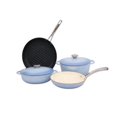 China Sustainable Enamel Cast Cookware Set Round Casserole Skillet And Grill Pan for sale