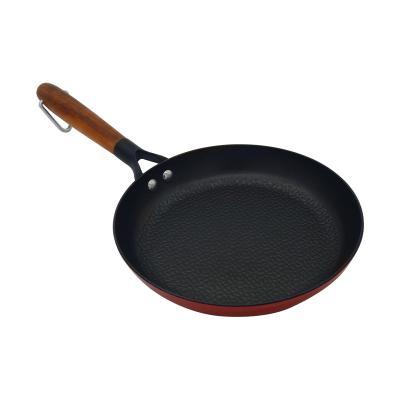 China Traditional Enameled Cast Iron Frying Pan Non-Stick Long Handle Wooden Frying Pan With Pebble Coating for sale