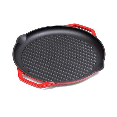 China General Use For Gas And Induction Cooker 32cm Two Handle Grill Pan Striped Frying Pan Round Enamel Cast Iron Grill Pan for sale