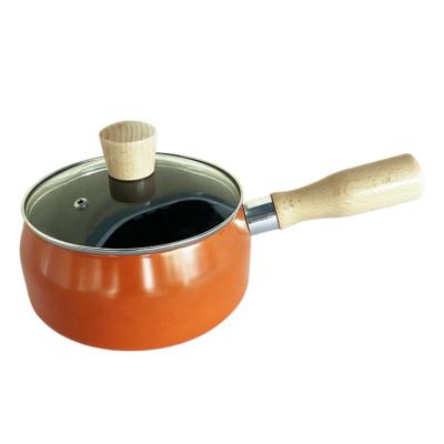 China Sustainable Cast Iron Milk Pan Maker Orange Soup Pot With Wooden Handle Milk Pan for sale