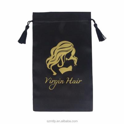 China Recyclable Wholesale Custom Black Drawstring Satin Hair Packaging Bags for sale