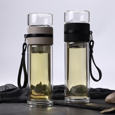 China Sustainable High Quality Filter Borosilicate Glass Water Bottle With Lids And Handle Rope for sale