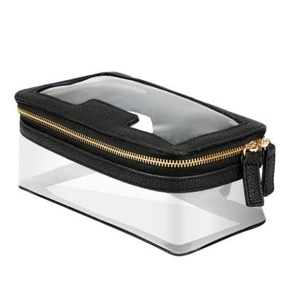 China NATIONAL 2020 New Arrival Double Zipper Leather Beauty Makeup Case Transparent PVC Cosmetic Bag for sale