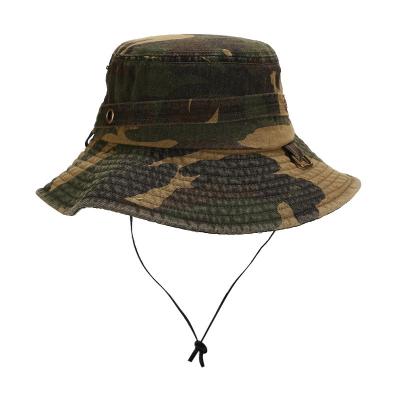 China Custom Camouflage Camouflage RTS Jungle Drawstring Wide Bucket Hat Outdoor Wide Brim Fisherman Hat for sale