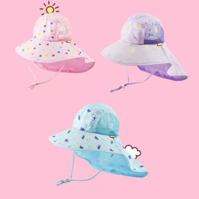 China Custom Logo Printing Wide Brim Beach Sun Sunshade Baby Hat Summer Outdoor Kids Bucket Hats With Ribbon for sale