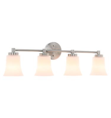 China Modern 4 Light Bathroom Vanity Fixture Lamp Brushed Nickel Wall Mounted Vanity Light Fixture With White Glass for sale