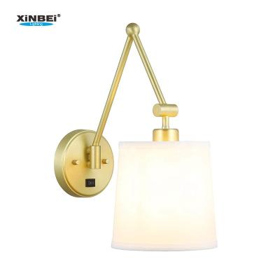 China Modern Factory Bedroom Wall Lamp, 1 Light Modern Wall Mounted Sconce Light with Fabric Shade Satin Brass for sale