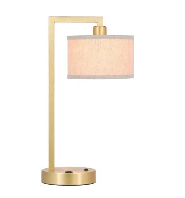 China Portable Modern Single Satin Brass Nightstand Table Lamp with USB and Fabric Shade for Bedroom and Office for sale