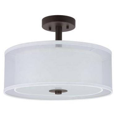 China Exterior Mounted Modern Ceiling Mounted Fabric Light Dark Bronze Drum Shade Light Semi Flush 3 Light for sale