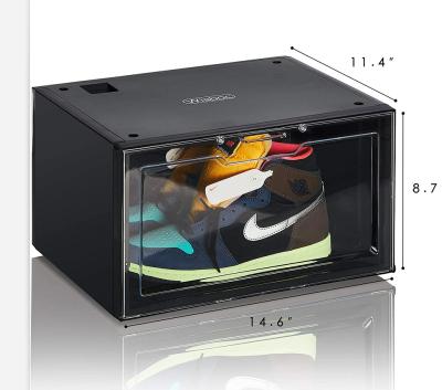 China Luxury Clear Voice Control Easy Access Led Display Stackable Shoe Box Customized Logo Magnetic Sneaker Storage for sale