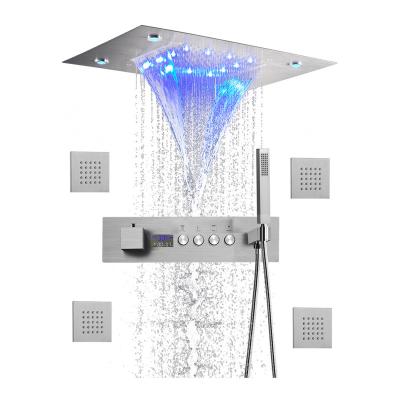 China Sliding Barless Led Mist Rain Rise Waterfall Shower System Ceiling Pours Thermostatic Led Bathroom Shower Set for sale