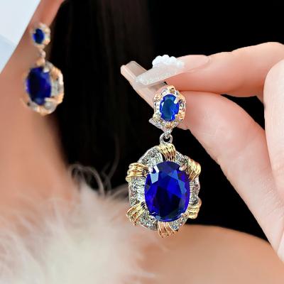 China Vintage S925 Vintage Earrings Blue Zircon Oval Alloy Earrings for Women for sale