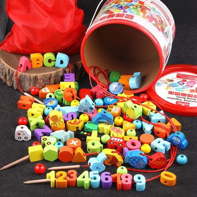 China Farm Wooden Hot Selling Children's Fruits and Vegetables Urban Traffic Letters Toy Gift Development Manual Beading Wooden Toys for Children for sale