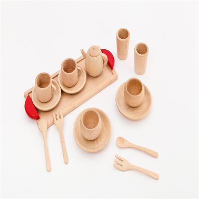 China Toy Pretend Play Kitchenware Set Mini Beech Wood Tableware Fun Wooden Toys Tea Set Toy Wooden Solid Wood Toys For Kids Gift for sale