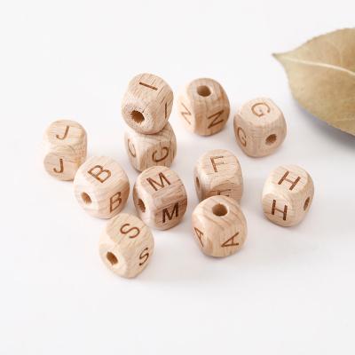 China Wood 2022 Hobbyworker 12*12mm Hot Letters Wooden Loose Beads For DIY Natural Beech Wood Alphabet Beads Milk Teeth Bead Cube Letter for sale