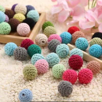 China Hot Sale Wood+yarn Handmade Cotton Knitted Round 20MM Wood Yarn DIY Beads Crochet Baby Teether Bead For Baby Necklace Rattle Wooden Toy for sale