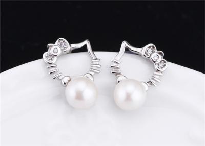 China 925 Sterling Silver Jewellery Pearl Stud Earring With Cute Kitty Cat Face for sale